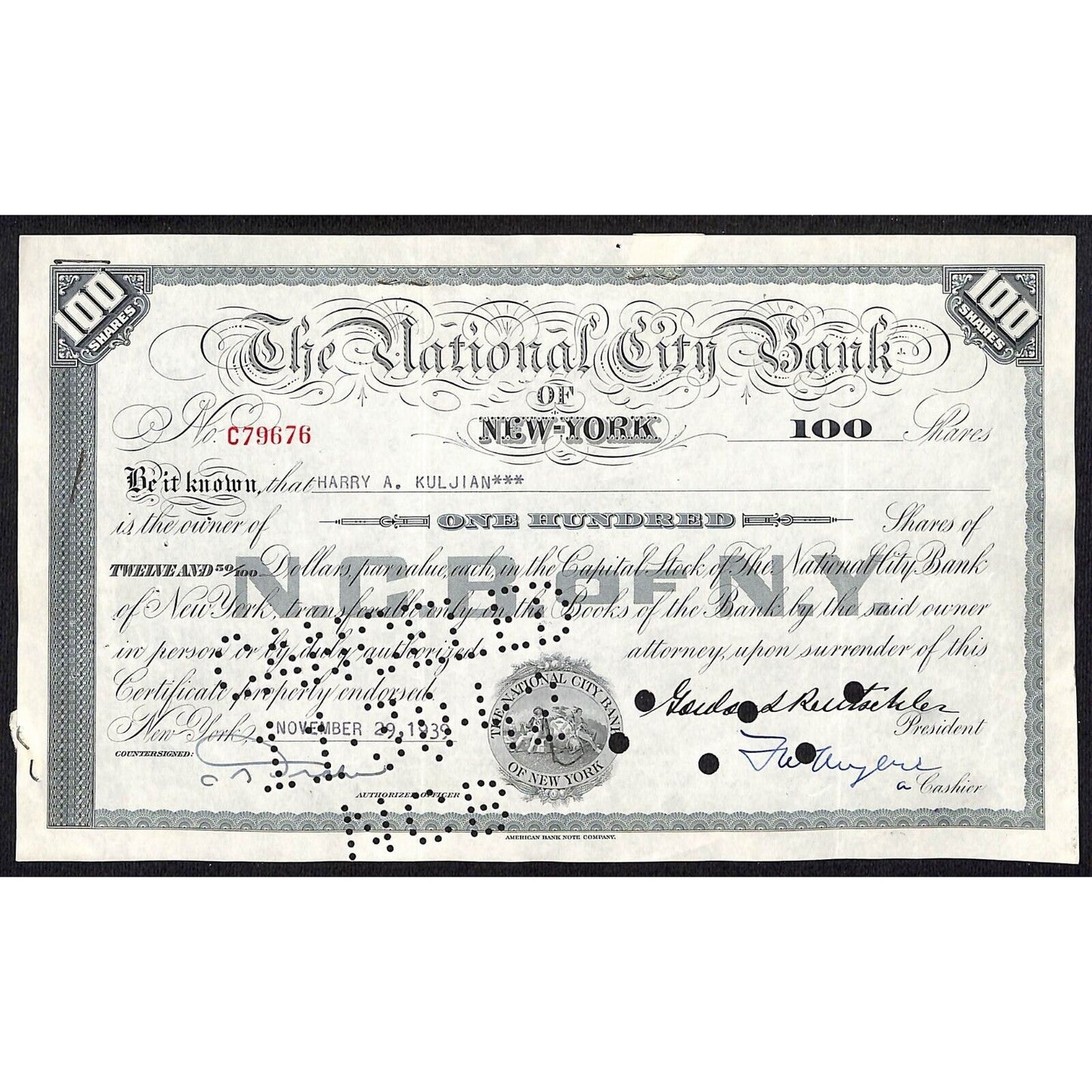 National City Bank of New York 1939 Stock Certificate Harry A. Kuljian
