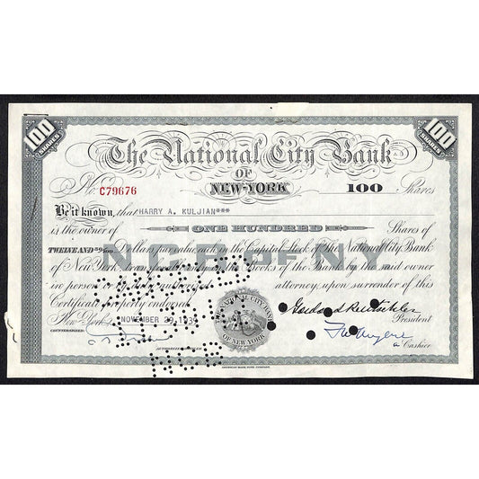 National City Bank of New York 1939 Stock Certificate Harry A. Kuljian