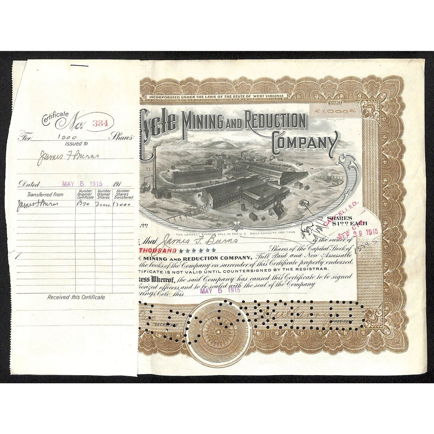 Golden Cycle Mining 1915 Stock Certificate w/ James F. Burns Sig. #384