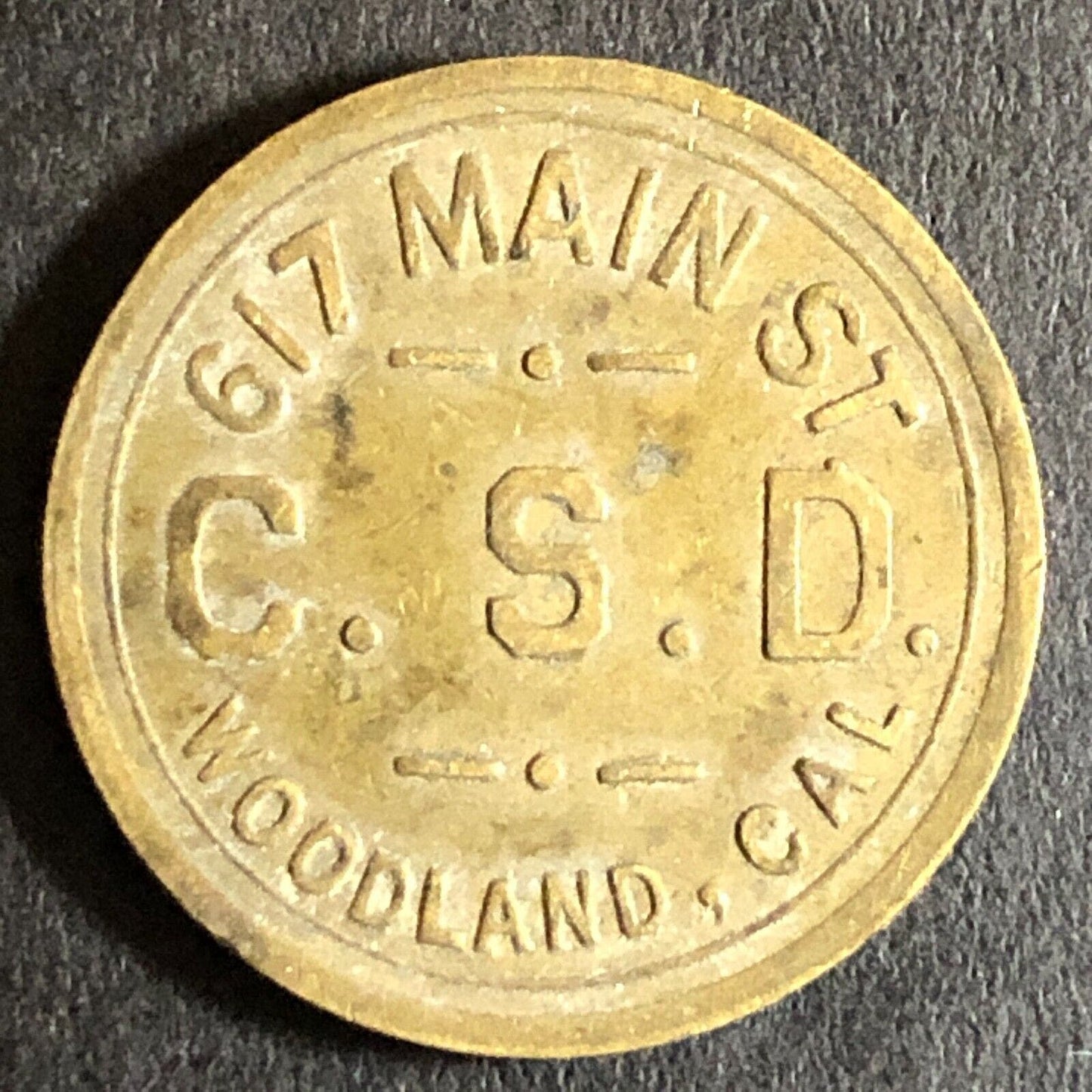 G/F 5c C.S.D. Charles Dunlap Cigars c1920's Brass Trade Token 21mm Woodland CA