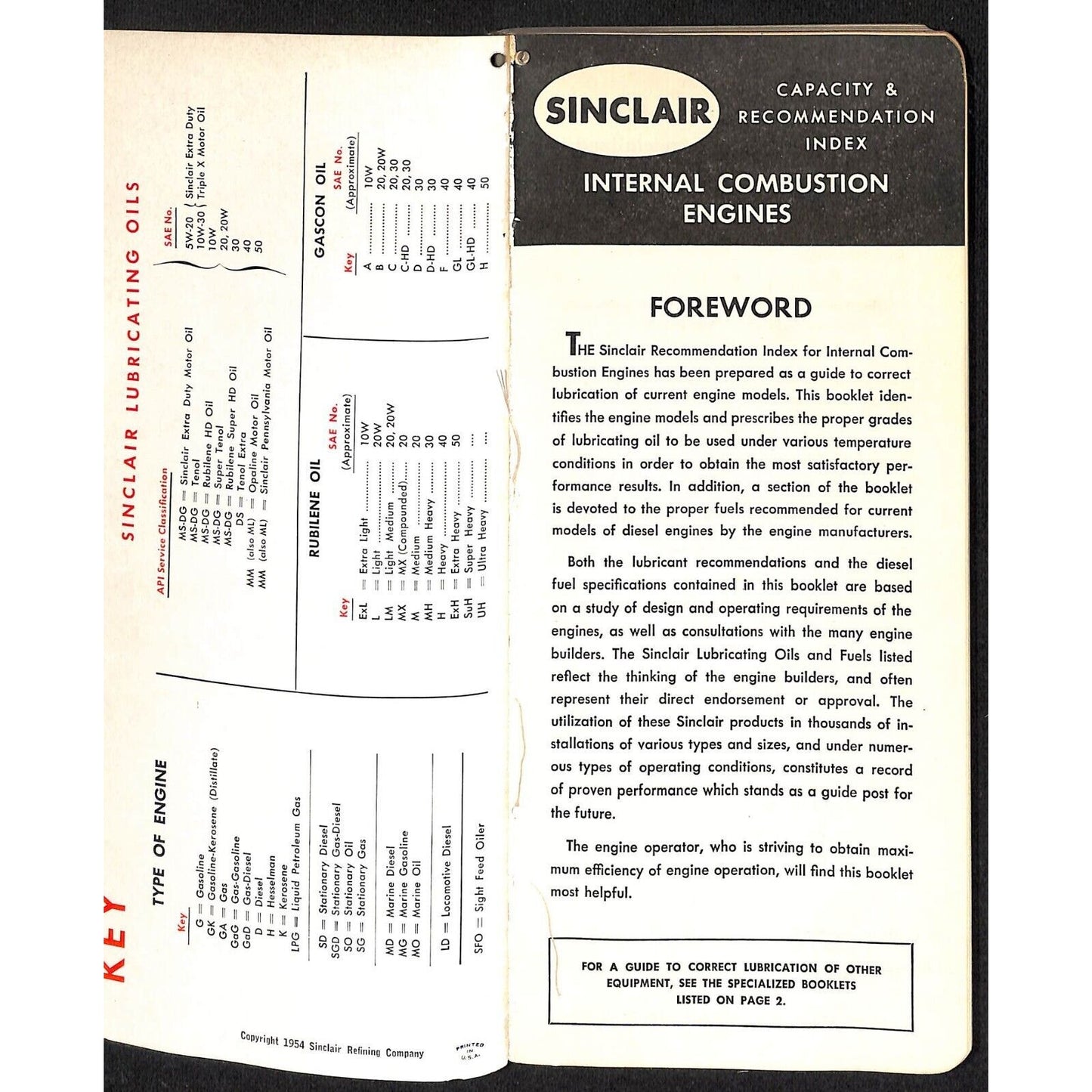 Sinclair Refining Lubrication of Several Types of Engines 1954 Booklet 140pp