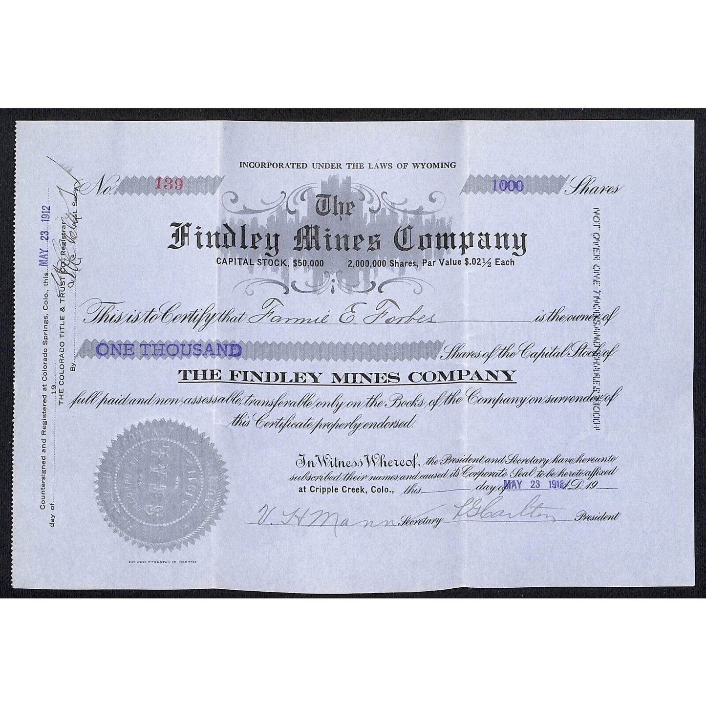 Findley Mines Co. 1912 Cripple Creek Stock Certificate w/ L.G. Carlton Sig. #139