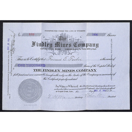 Findley Mines Co. 1912 Cripple Creek Stock Certificate w/ L.G. Carlton Sig. #139