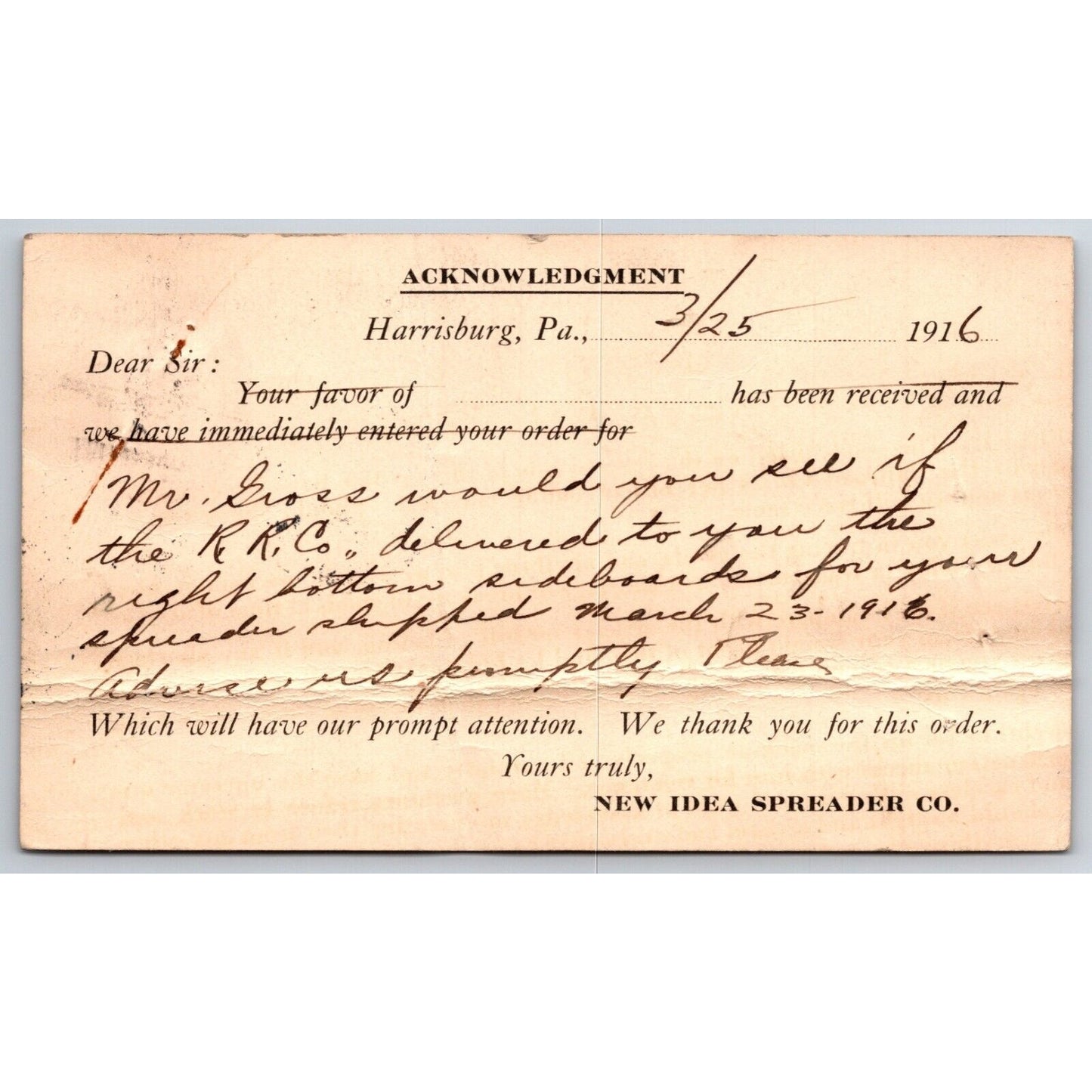 New Idea Spreader Co. Harrisburg, PA 1916 Payment Receipt Postcard