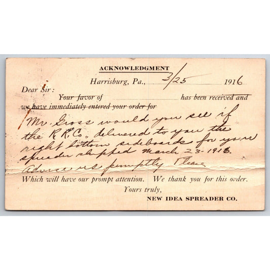 New Idea Spreader Co. Harrisburg, PA 1916 Payment Receipt Postcard
