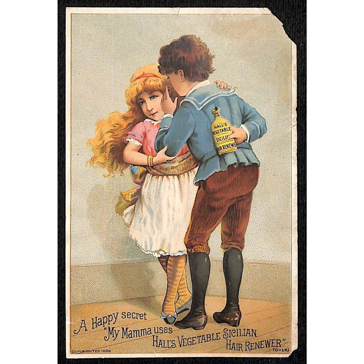 Hall's Vegetable Sicilian Hair Renewer Victorian Trade Card Boy Whispers Secret