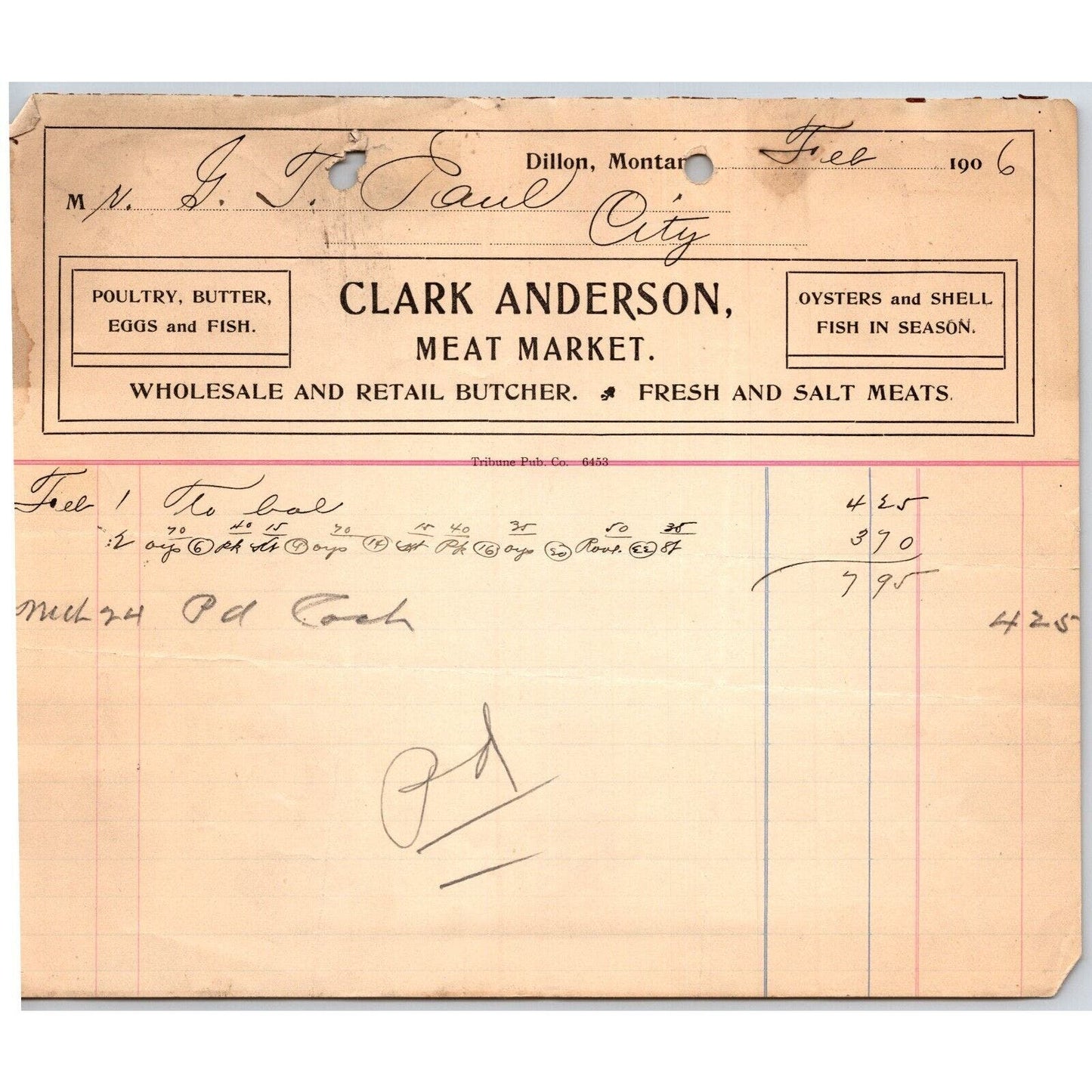 Dillon, MT Clark Anderson Meat Market Butcher Oysters Fish Feb 1906 Billhead