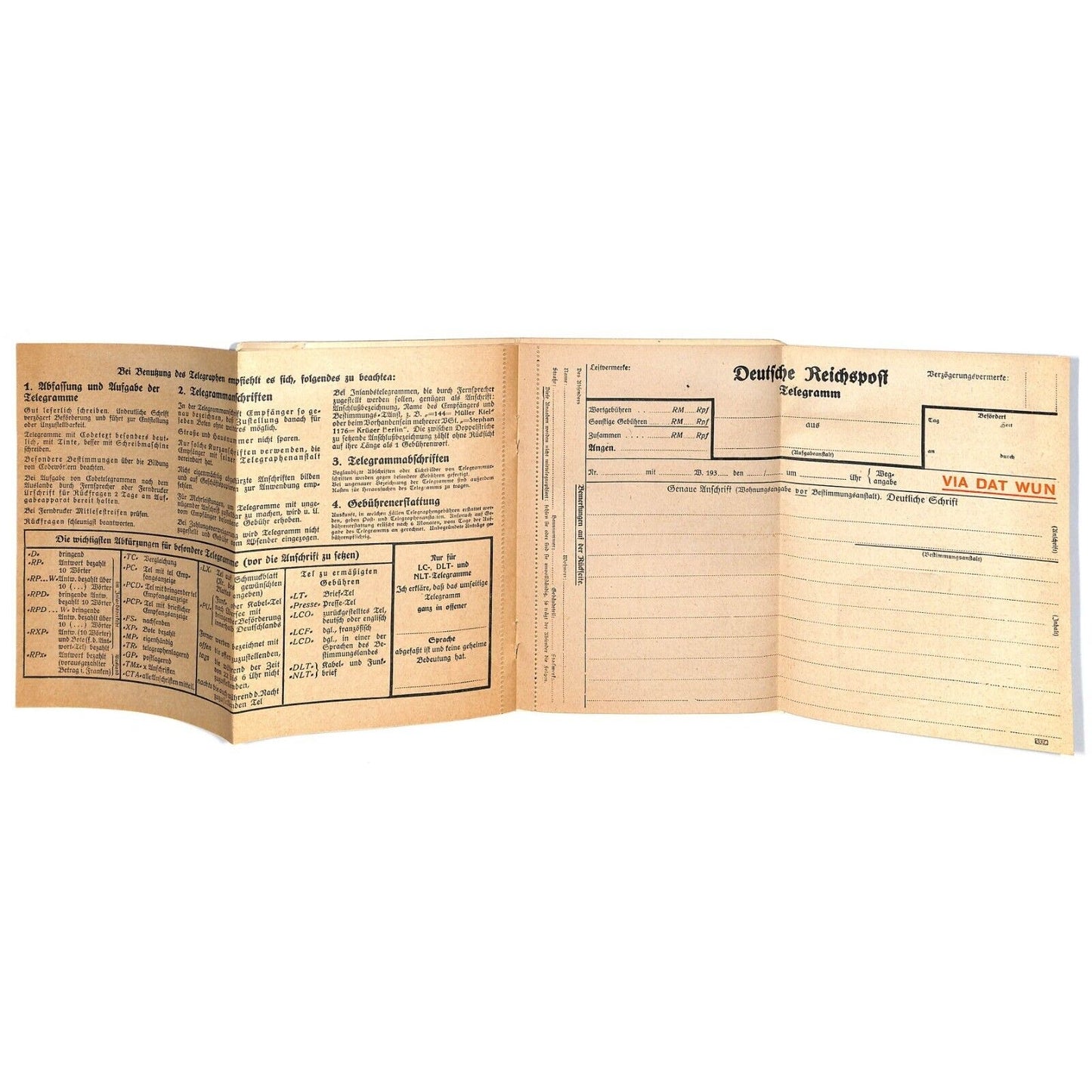 Forms for Cablegrams Western Union Germany "Via Dat Wun" c1936 w/Damage Scarce