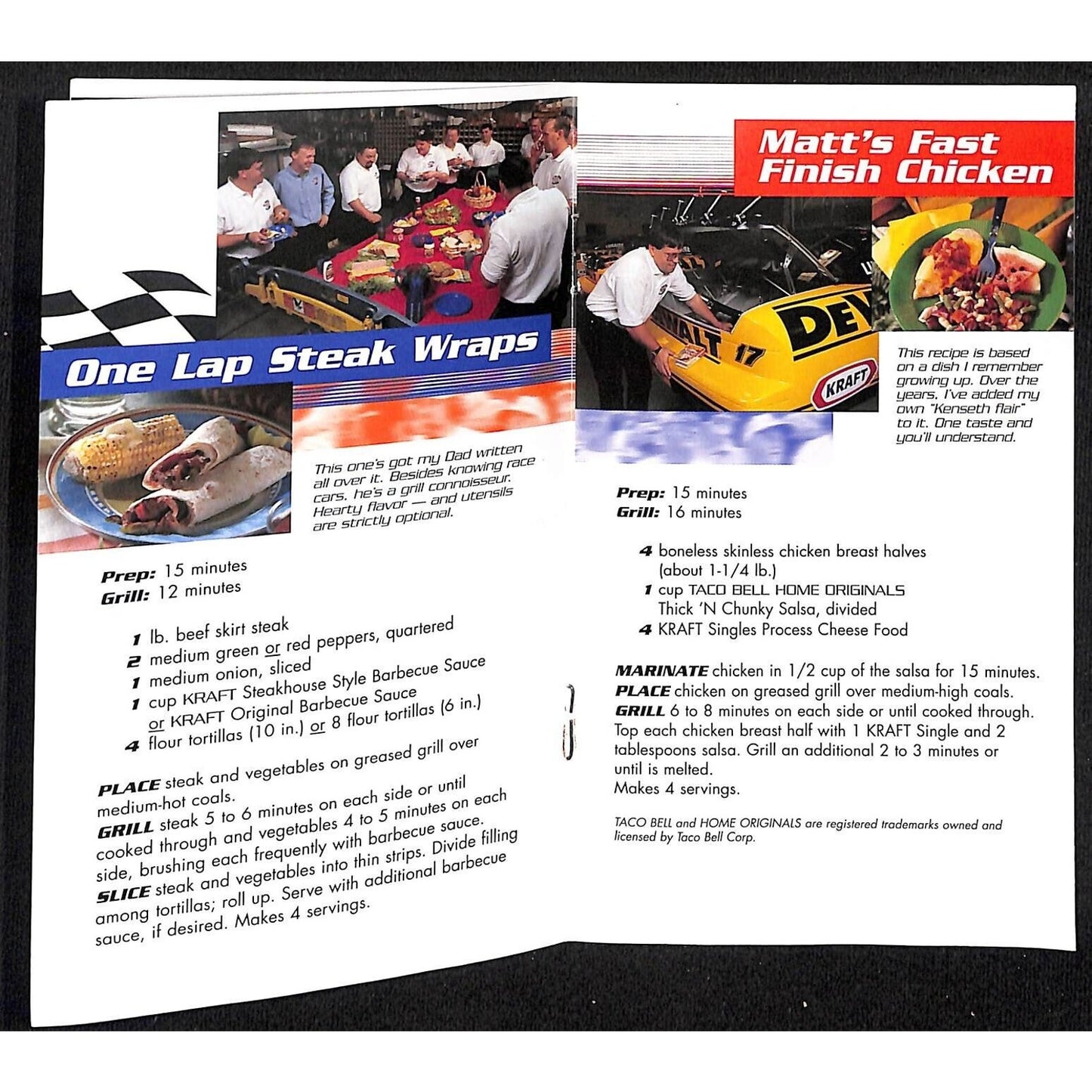 1999 Kraft Racing "Checkered Flag Cafe" Matt Kenseth's Mom Recipes 8pp VGC NOS