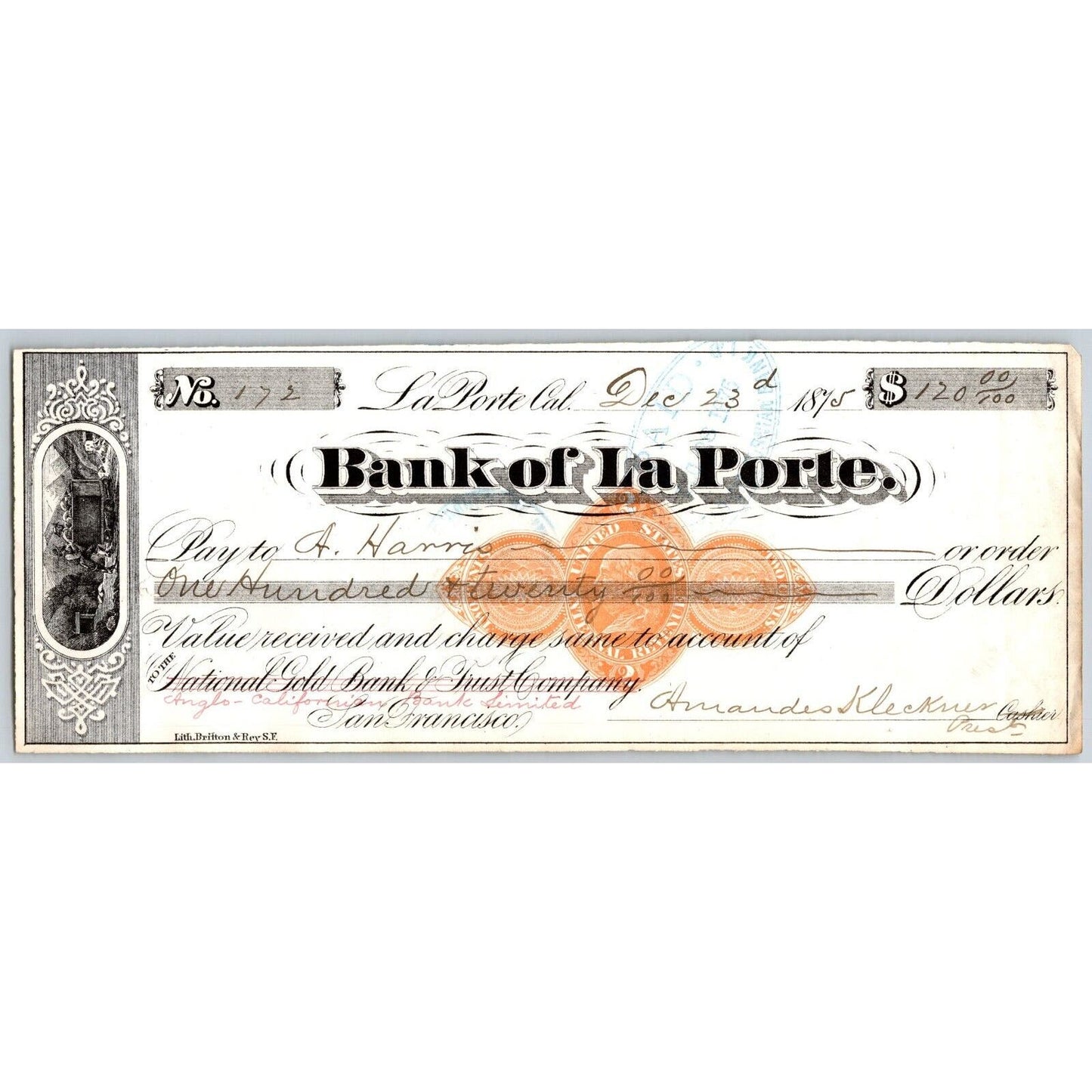 Bank of La Porte Check Abraham Harris 1875 Mining Vignette Rev Stamp #172