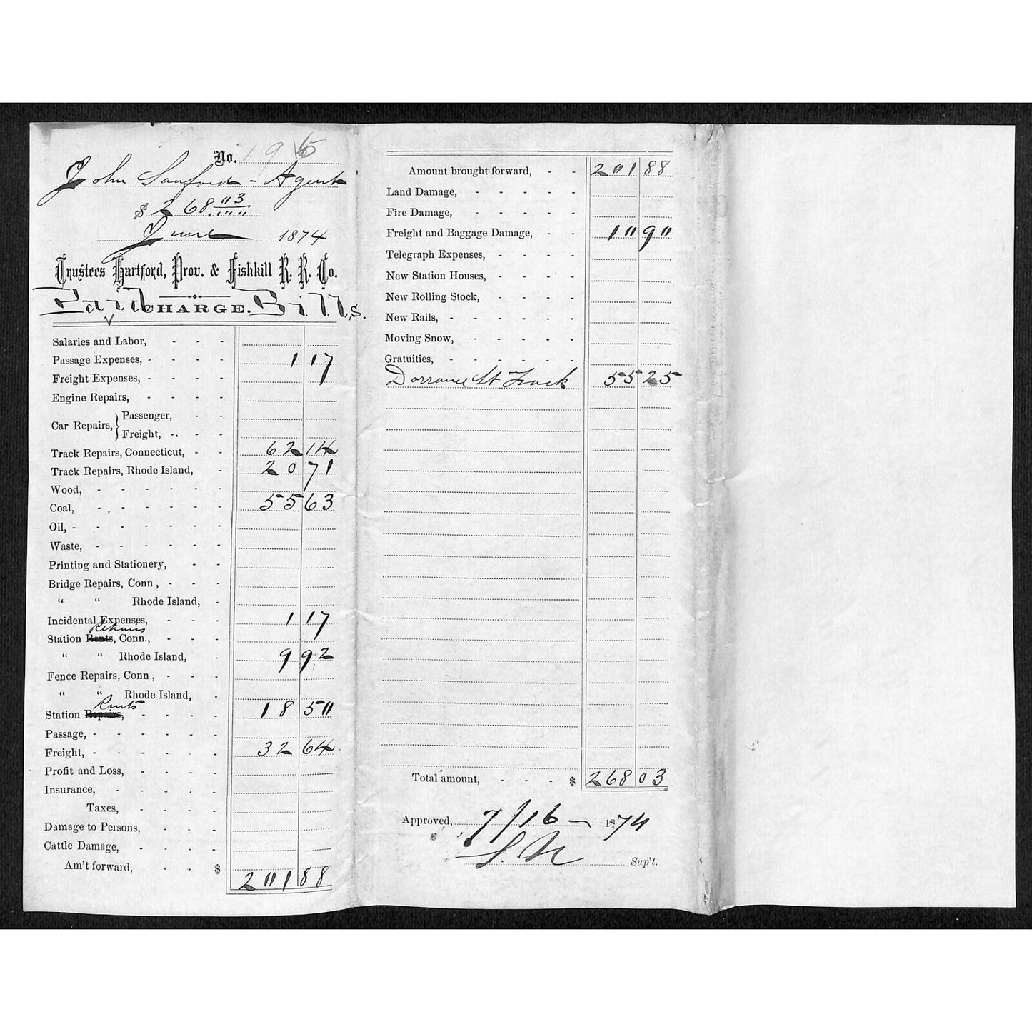 Hartford Providence Fishkill Railroad March 1874 "Charge" "Bills Paid" Sheet