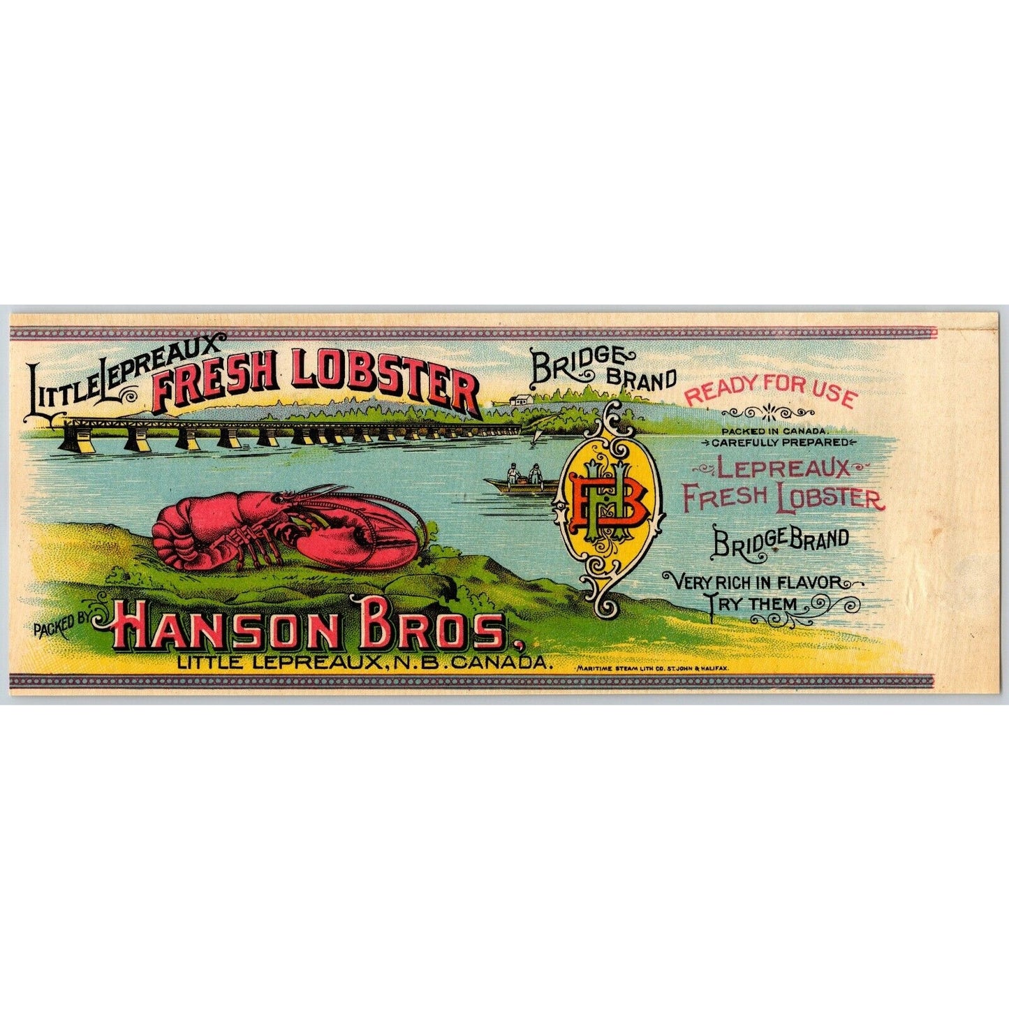 Hanson Bros. Bridge Brand Fresh Lobster Canadian Paper Can Label - c1903 Scarce