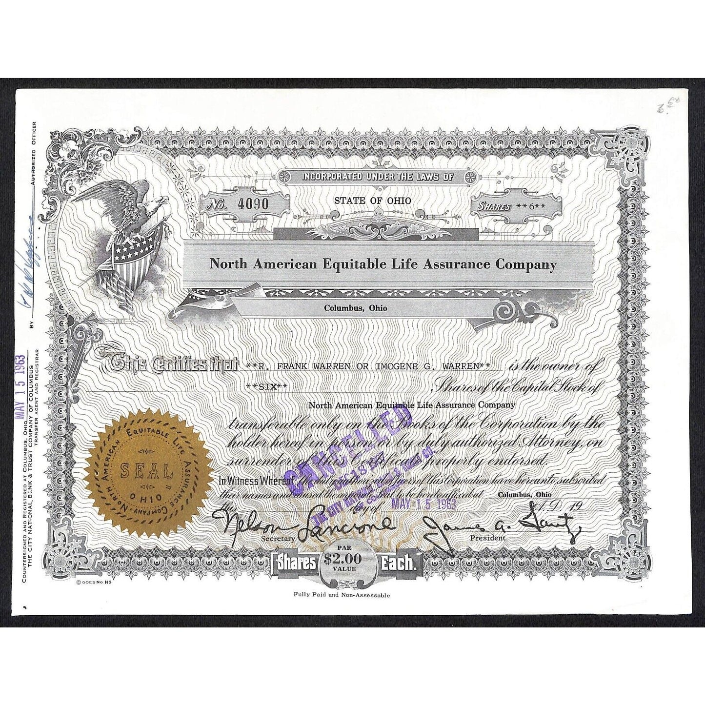 North American Equitable Life Assurance Co. Columbus 1963 Stock Certificate