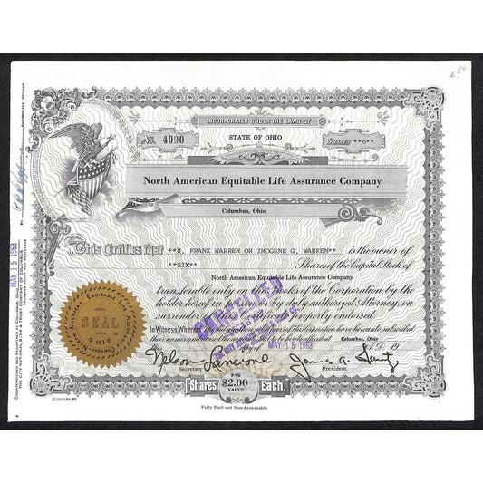 North American Equitable Life Assurance Co. Columbus 1963 Stock Certificate
