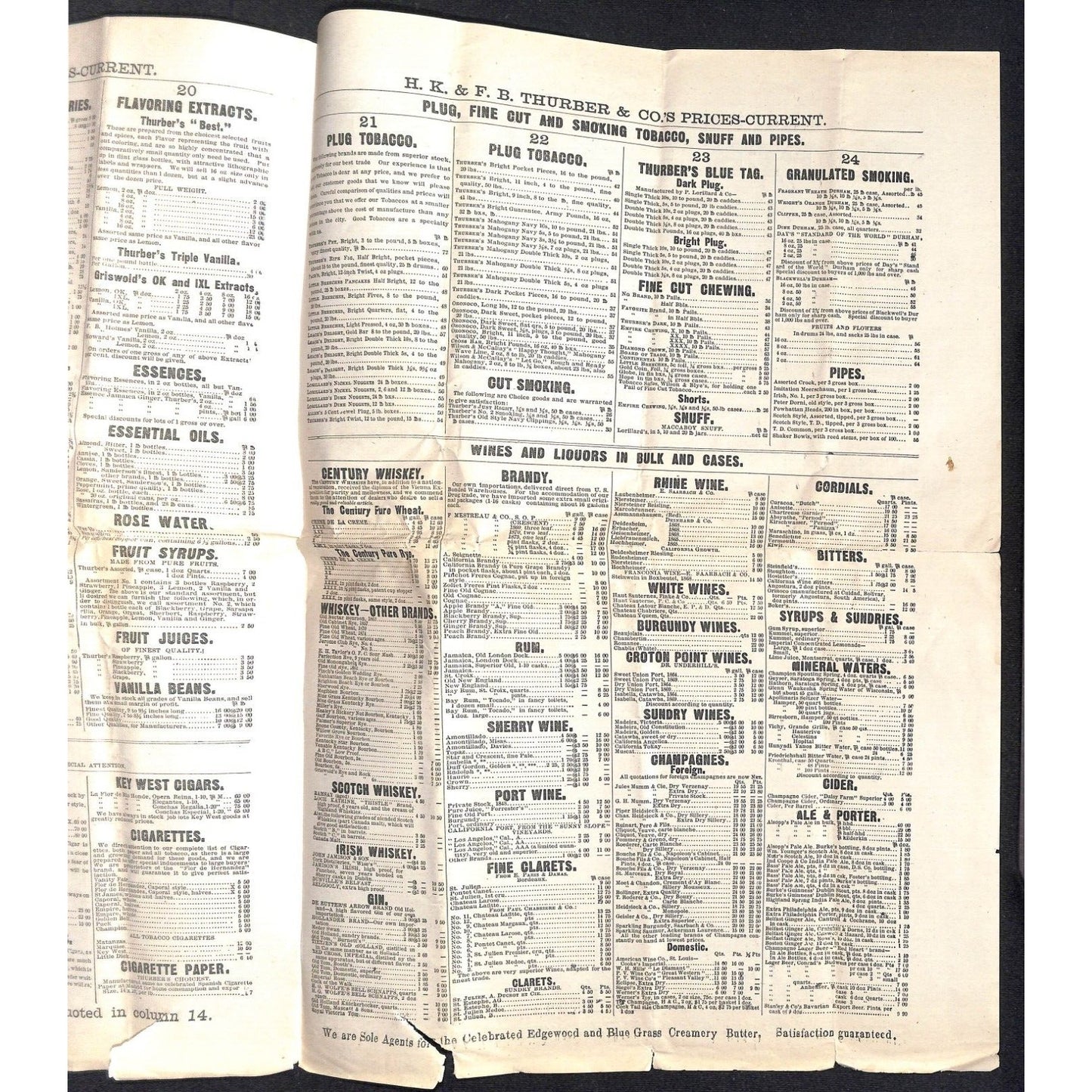 H.K. & F.B. Thurber & Co NYC 1879 Newspaper-Style Whsl. Food Price List Scarce