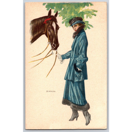 Art Nouveau Postcard Fancy Woman Fashion w/ Horse Signed Bianchi (#7)