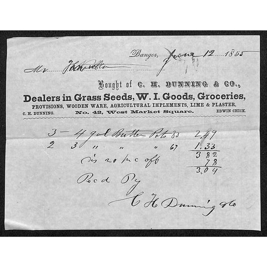 1855 Jabez Knowlton* Newburgh ME C.H. Dunning Bangor Grass Seeds Billhead