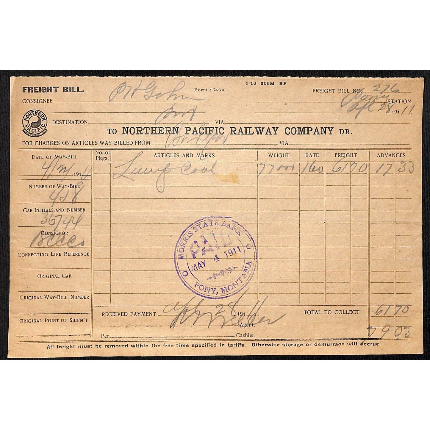 Northern Pacific Railway 1911 Freight Bill for 77,000 lbs. of Lump Coal Pony, MT