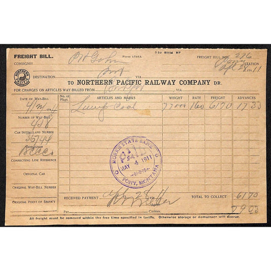 Northern Pacific Railway 1911 Freight Bill for 77,000 lbs. of Lump Coal Pony, MT