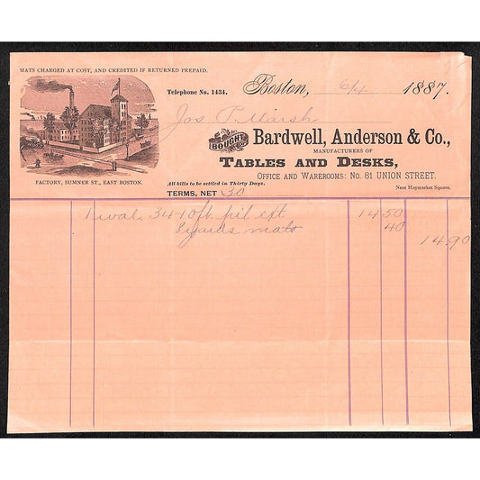 Bardwell, Anderson & Co. Boston Tables 1887 Billhead to J.P. Marsh Bethel, VT*