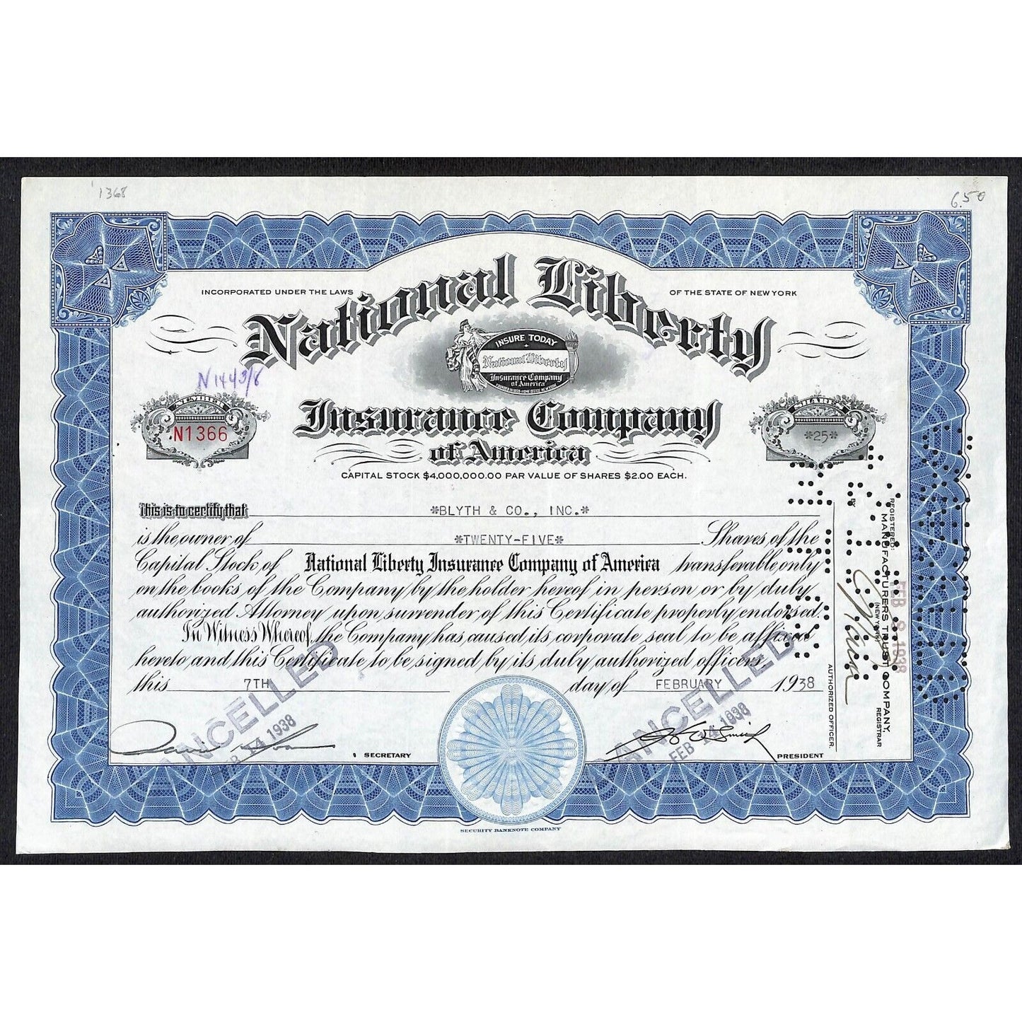 National Liberty Insurance Co. of America 1938 Stock Certificate Blyth & Co.