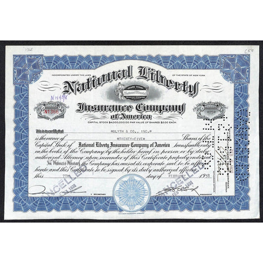 National Liberty Insurance Co. of America 1938 Stock Certificate Blyth & Co.