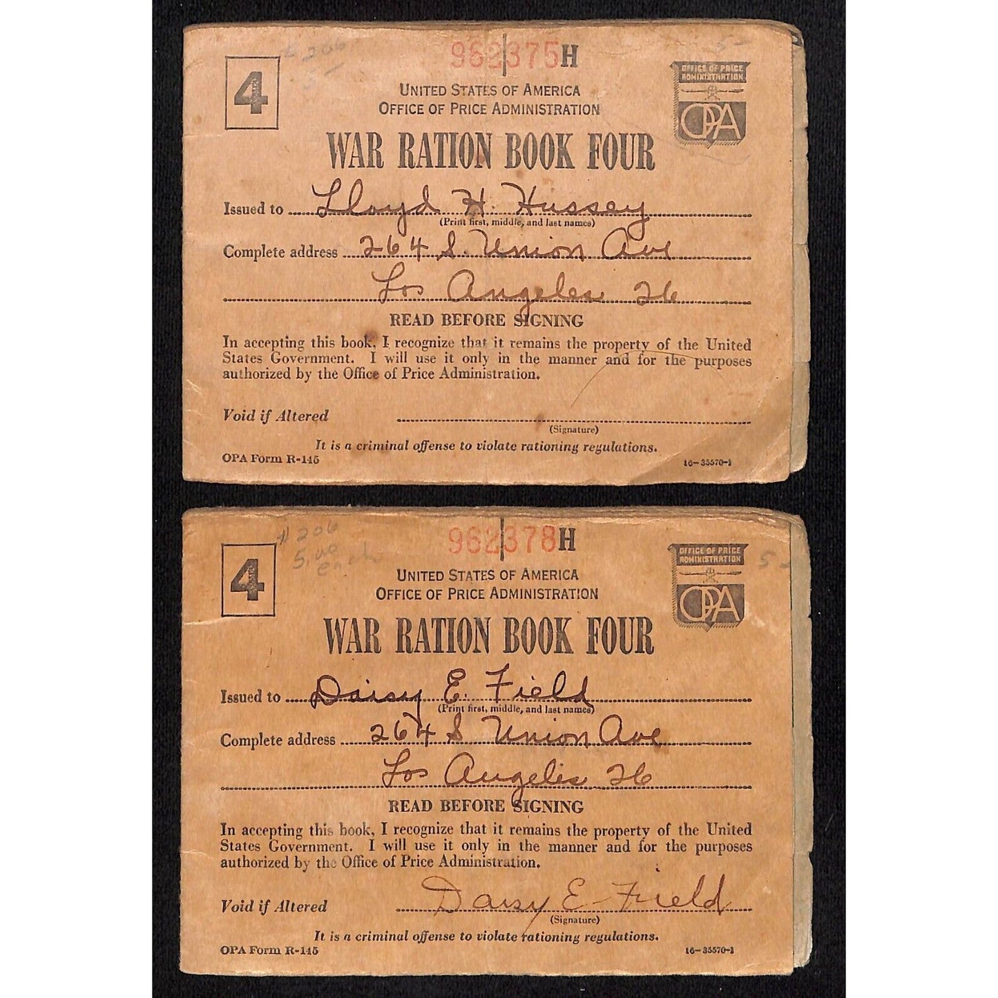 2 WWII OPA War Ration Book 4 Home Front w/ Some Stamps