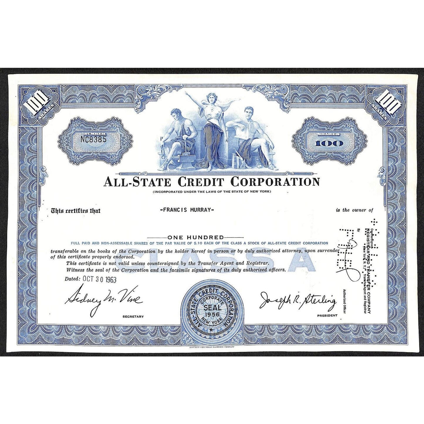 All State Credit Corporation NY 1963 Stock Certificate Francis Murray