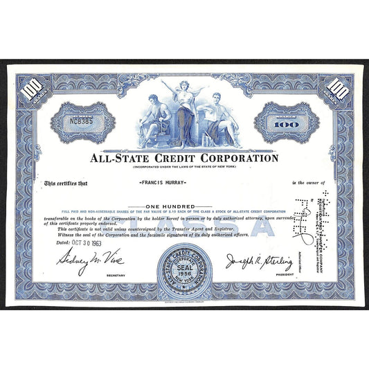 All State Credit Corporation NY 1963 Stock Certificate Francis Murray