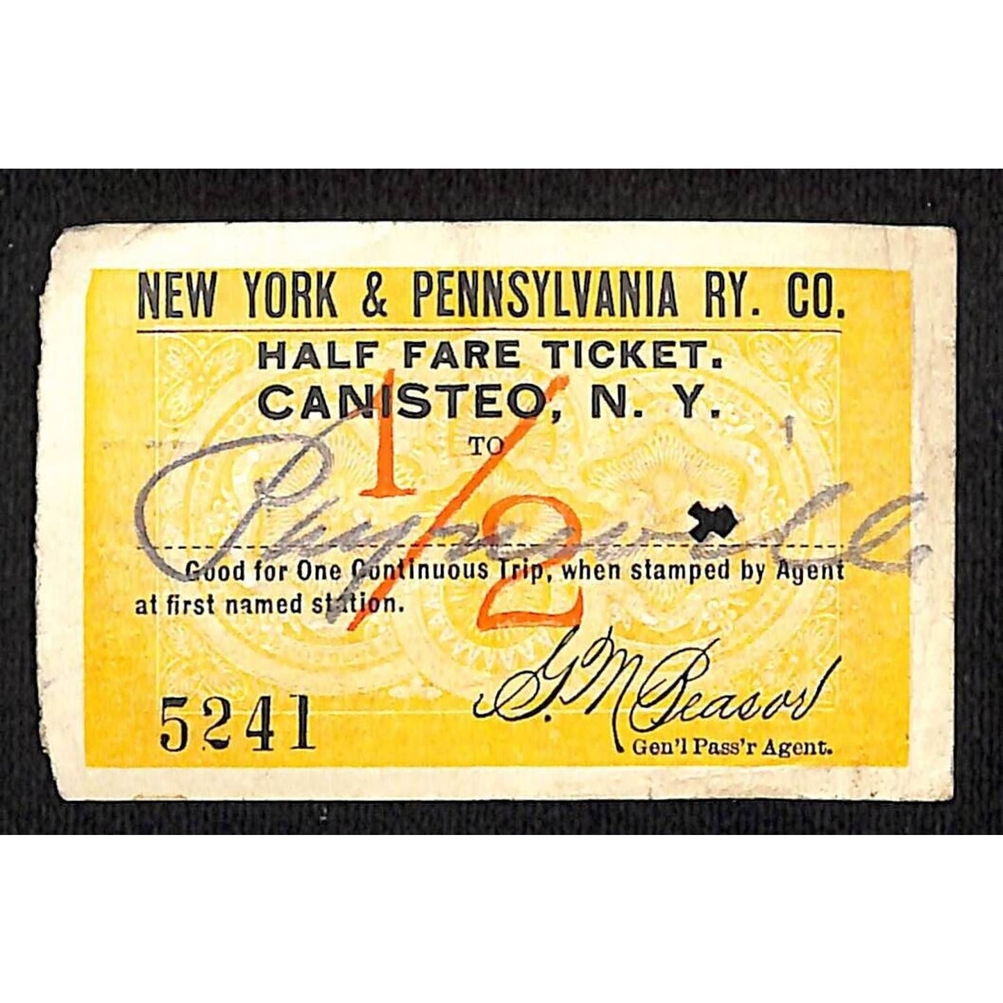 New York & Pennsylvania Railroad RY July 21 1917 Rexville? 1/2 Fare Ticket #5241
