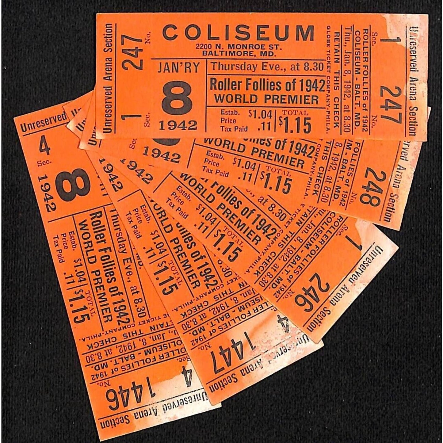 Baltimore Coliseum Group of 5 "Roller Follies of 1942 World Premier" Tickets