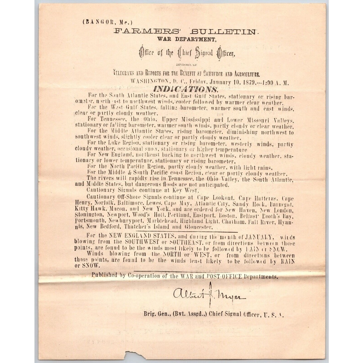 Bangor, ME Chief Signal Office, War Department Farmers' Bulletin Jan. 10, 1879