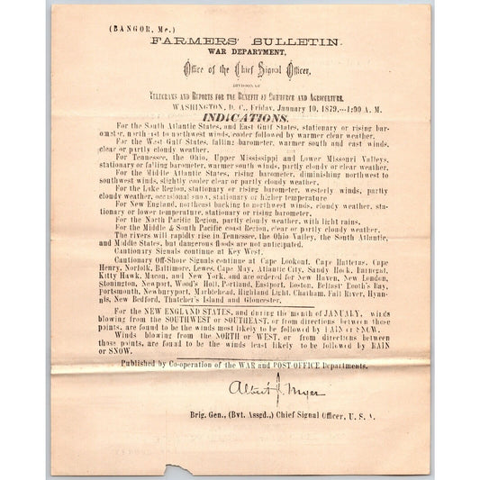 Bangor, ME Chief Signal Office, War Department Farmers' Bulletin Jan. 10, 1879