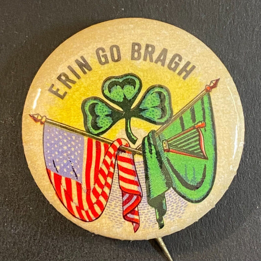 Erin Go Bragh c1960's-70's Steel Pinback Button 1 1/8" Flags Clover Harp