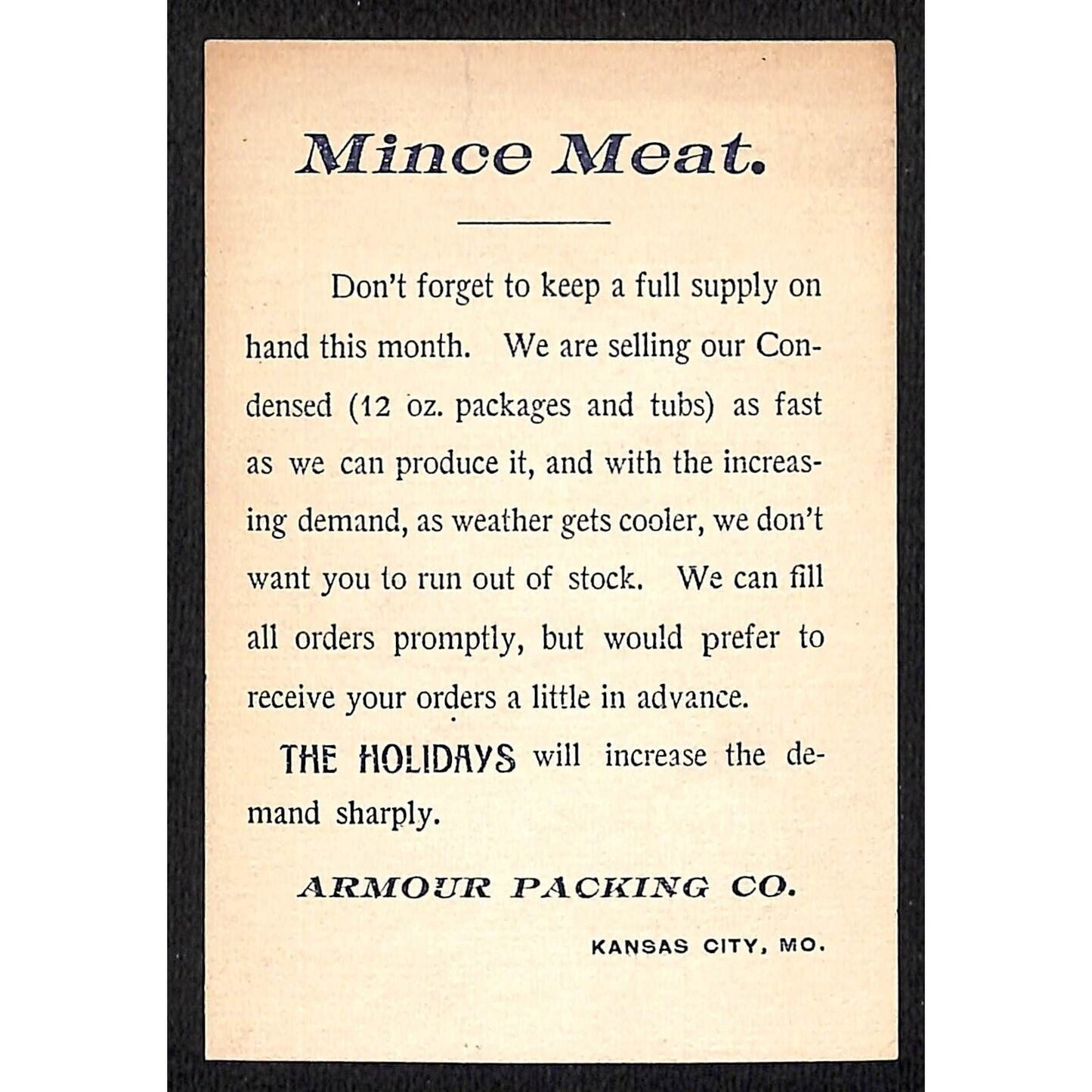 Armour's Condensed Mince Meat Wholesale Adv. Sheet w/ Prices c1890's Scarce
