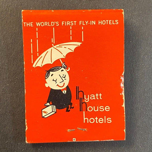 Hyatt House Fly-In Hotels c1962 Full Matchbook Man w/ Umbrella Rain