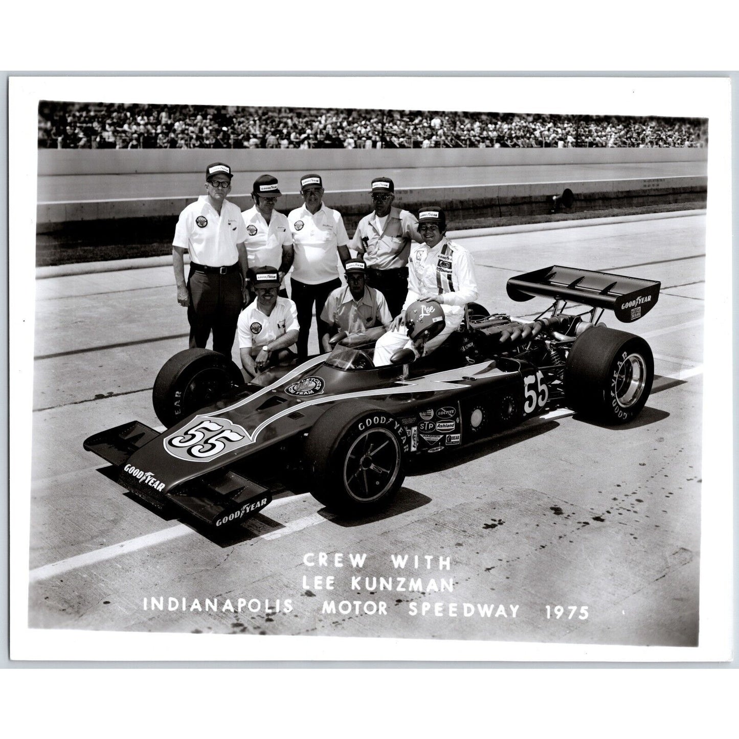 Lee Kunzman w/ Crew 75' Indianapolis Motor Speedway 8" x 10" Photo IMS Stamp VGC
