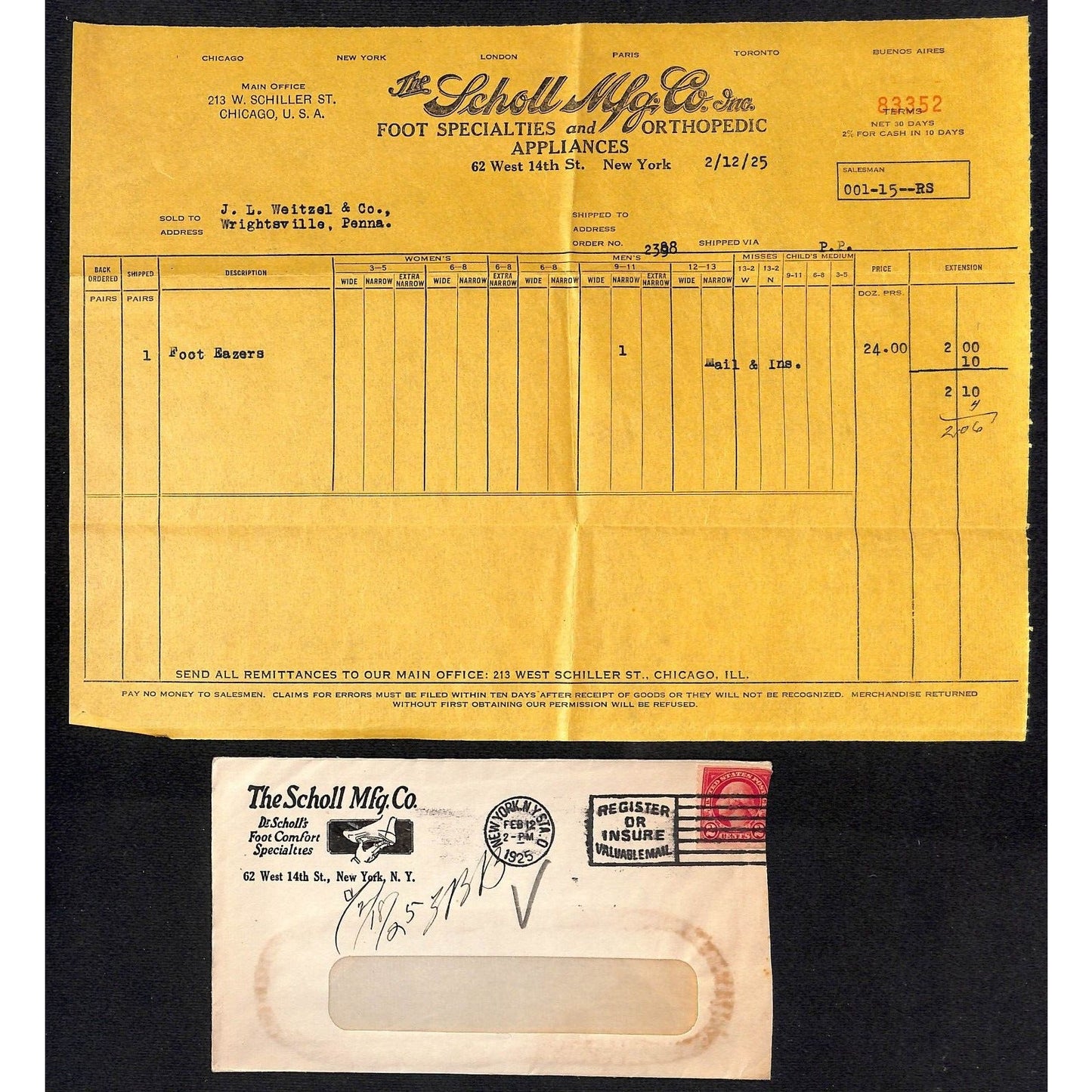 Scholl Mfg. Foot Specialties 14th St. NYC Weitzel 1925 Billhead + Cover