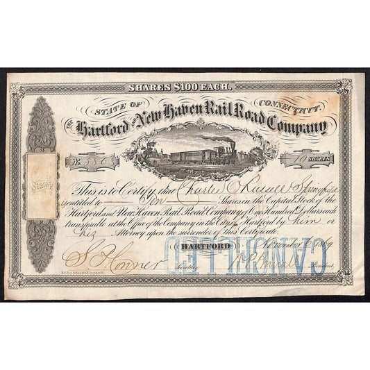 Hartford and New Haven Railroad 1869 Stock Certificate #5863 Charles O. Russell*
