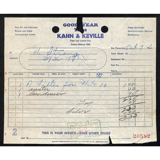 Goodyear Tires Kahn & Keville San Francisco c1936 Billhead