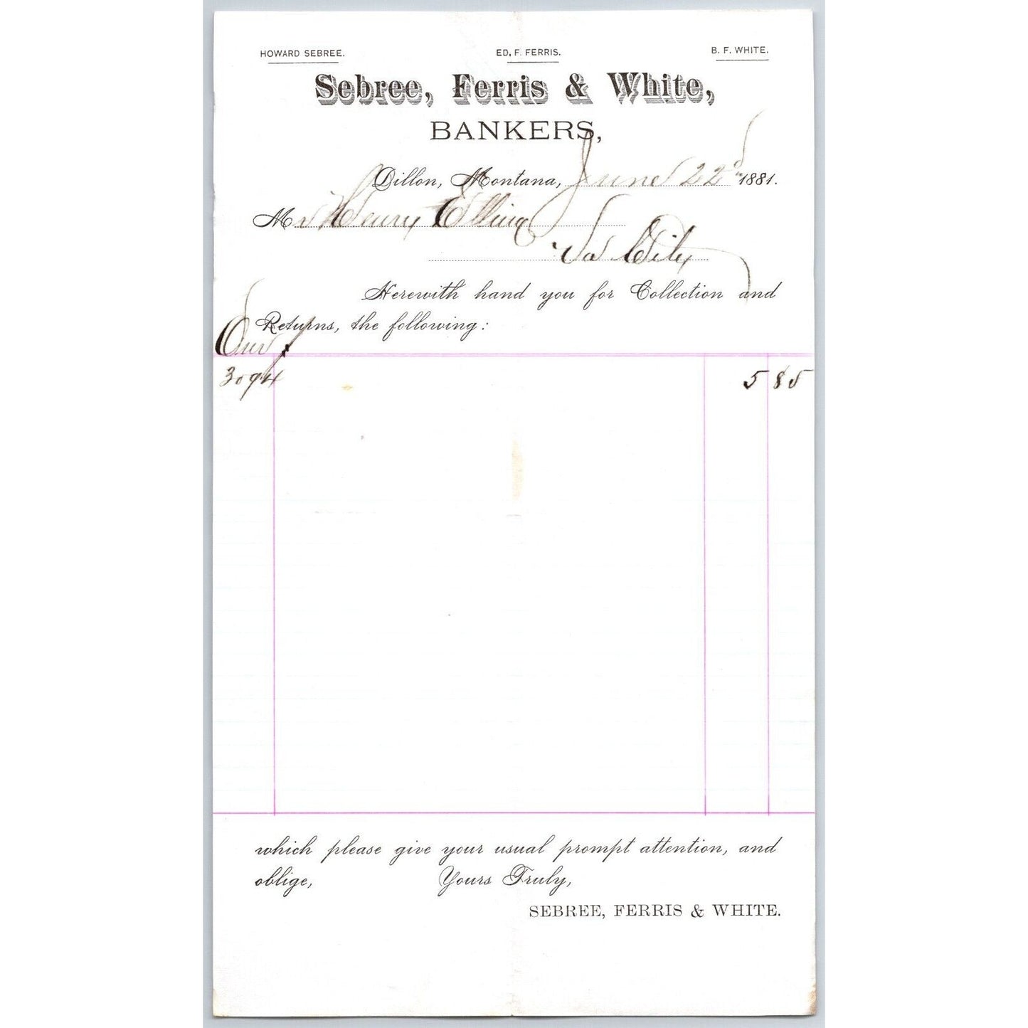 Sebree, Ferris & White Bankers Dillon, MT 6/22 1881 Statement Henry Elling*
