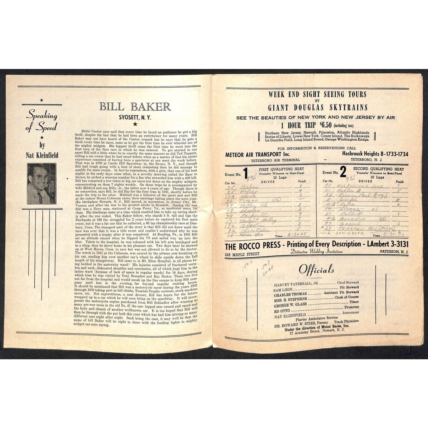 Hinchliffe Stadium Midget Auto Races 8/30/1946 Program Bill Baker 4pp Scarce