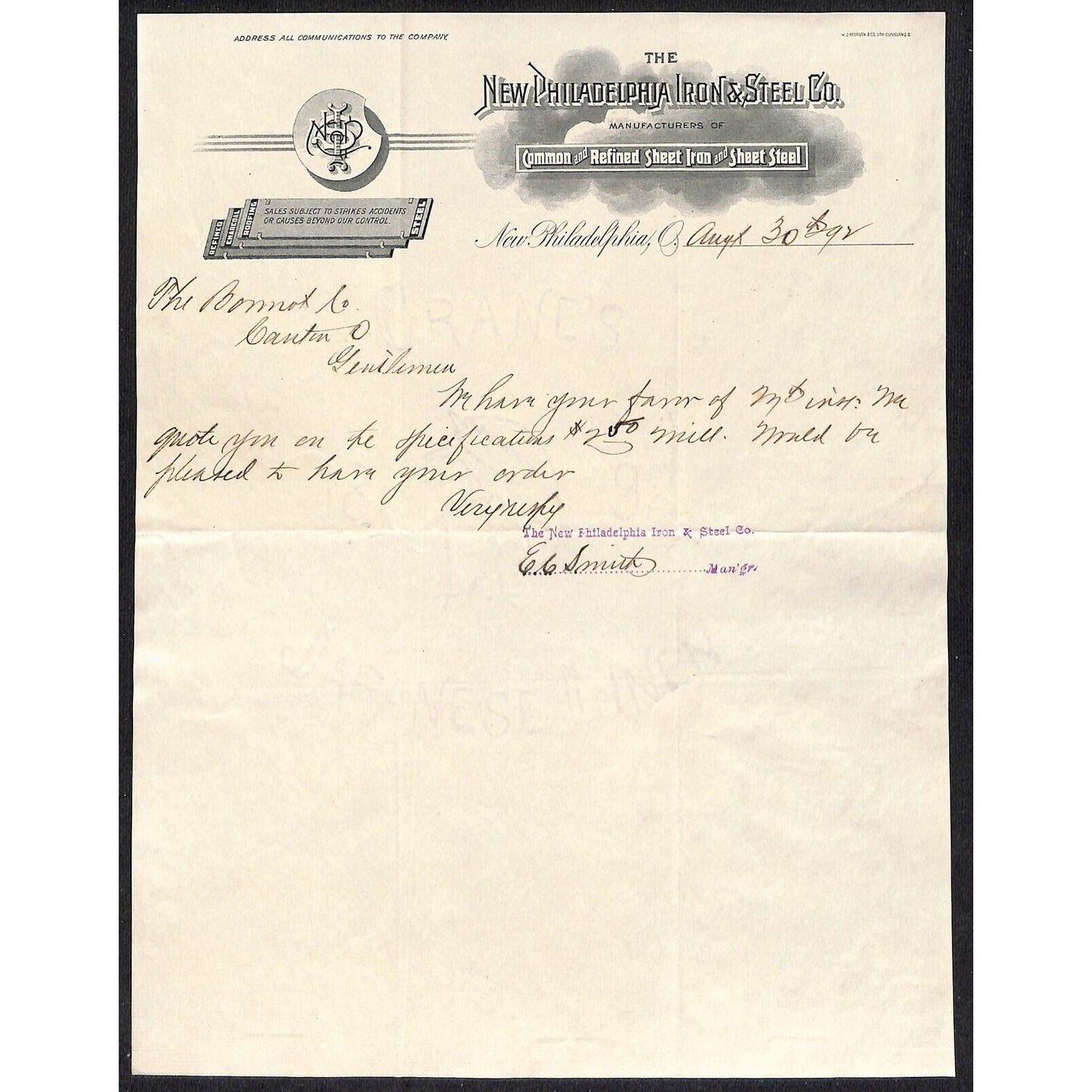 New Philadelphia Iron & Steel Co. Sheet Iron Roofing 1892 Letterhead Scarce