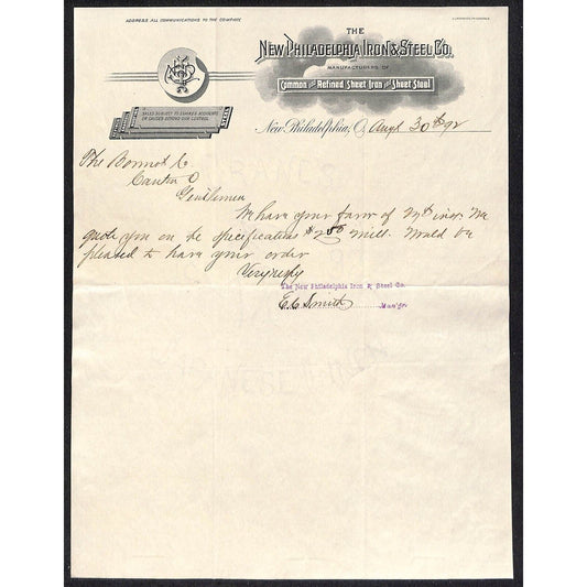 New Philadelphia Iron & Steel Co. Sheet Iron Roofing 1892 Letterhead Scarce
