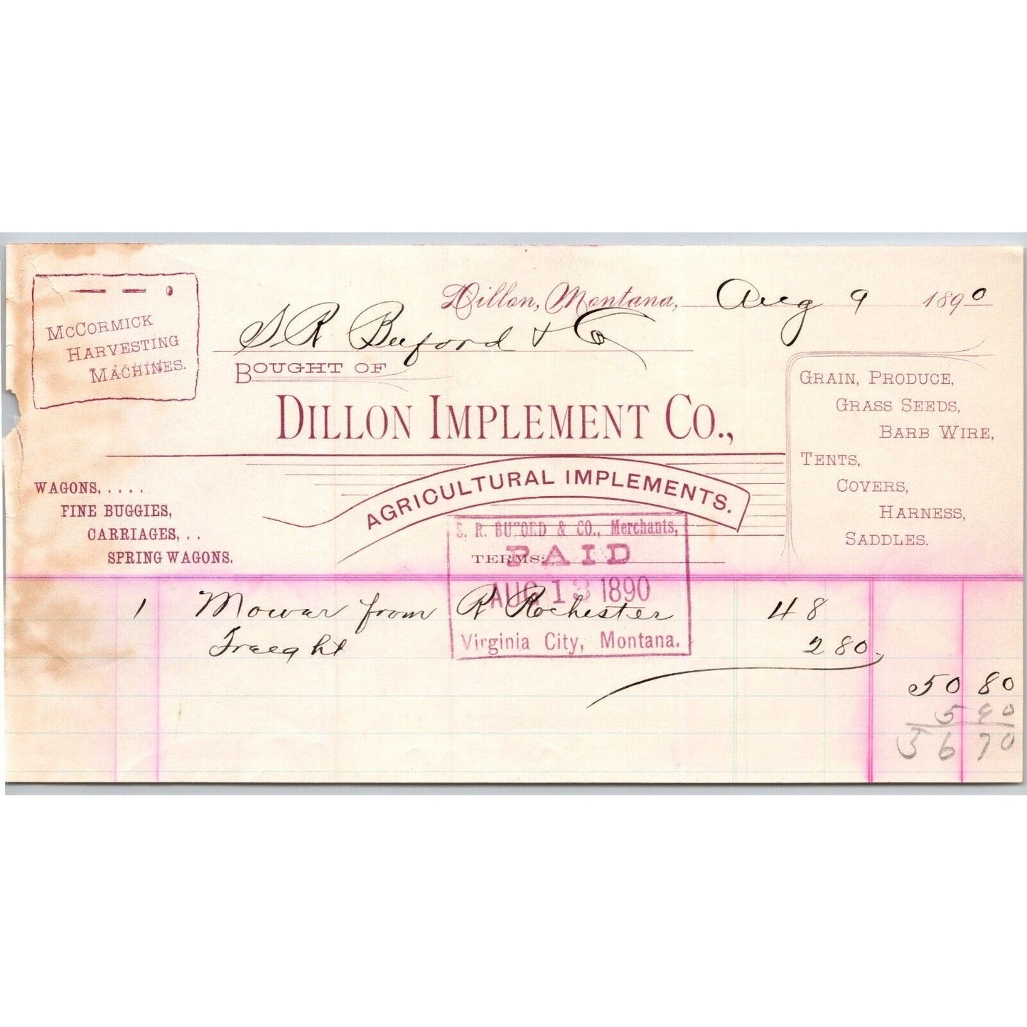 Dillon, MT Dillon Implement 1890 McCormick Billhead S.R. Buford* Virginia City