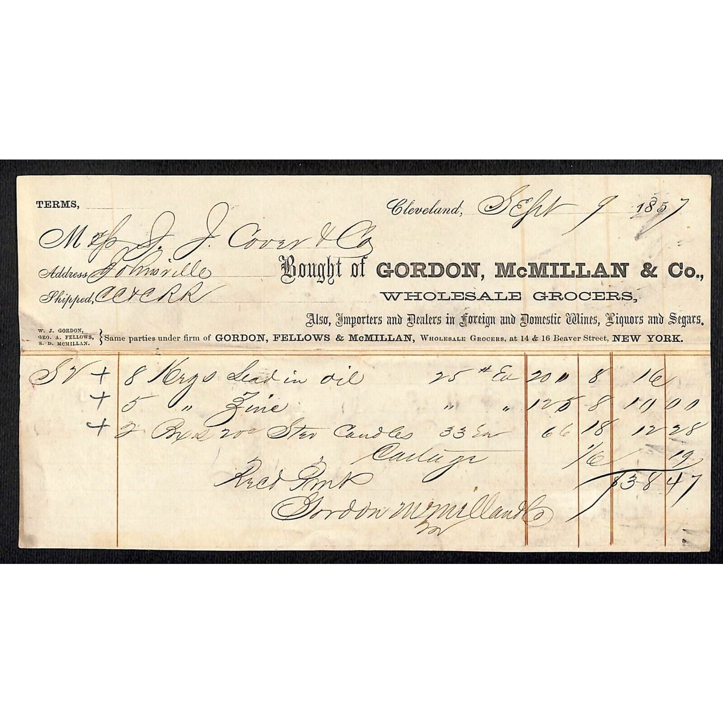 Gordon, McMillan & Co. Grocers Cleveland 1857 Billhead J.J. Cover* Scarce