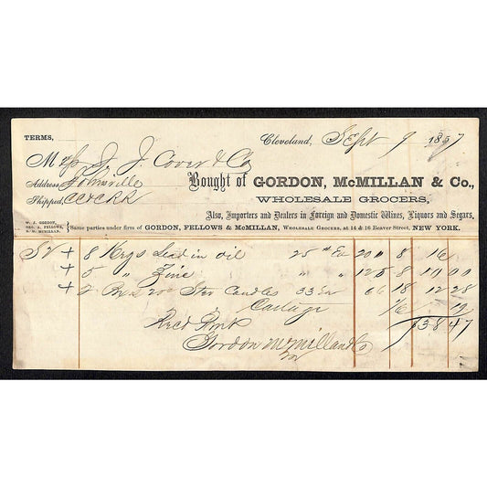 Gordon, McMillan & Co. Grocers Cleveland 1857 Billhead J.J. Cover* Scarce