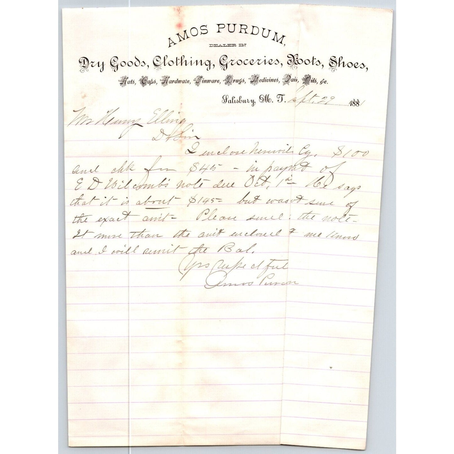 Amos Purdum Hardware Drugs Salisbury, MT 1881 ALS Letterhead Henry Elling*