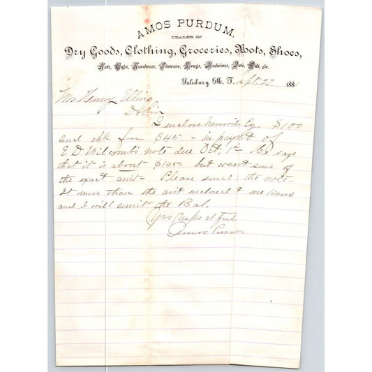 Amos Purdum Hardware Drugs Salisbury, MT 1881 ALS Letterhead Henry Elling*