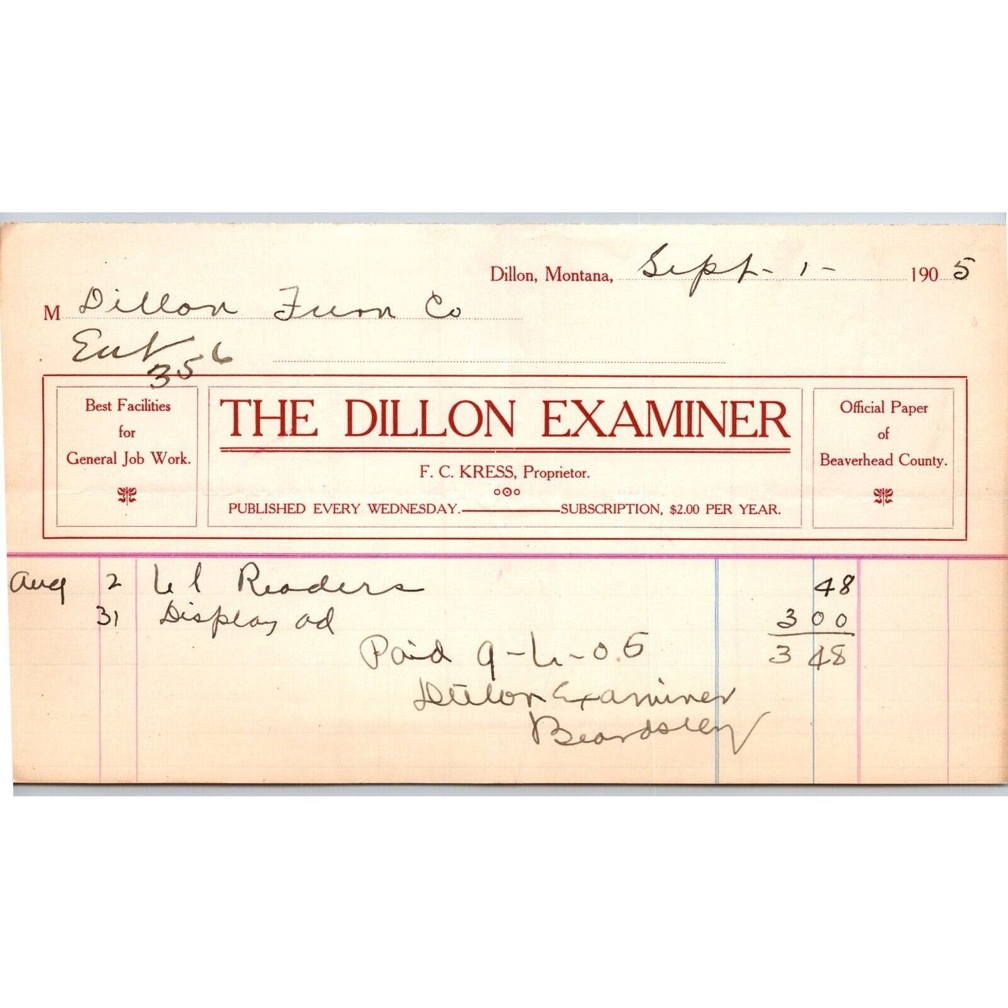 Dillon, MT The Dillon Examiner F.C. Kress Newspaper Sept. 1905 Billhead